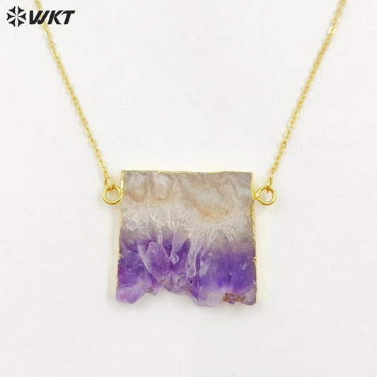 WT-N121 Amazing Unique Slice Natural Druzy Amethyst Stone Necklace With 18K Gold Plated on Trim Energy Gemstone Pendant