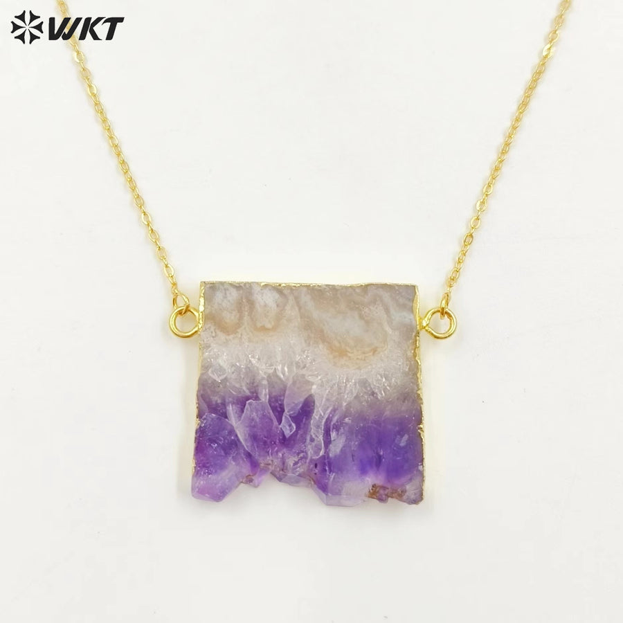 WT-N121 Amazing Unique Slice Natural Druzy Amethyst Stone Necklace With 18K Gold Plated on Trim Energy Gemstone Pendant