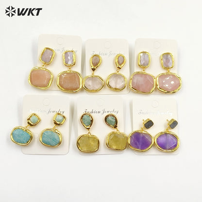 WT-E742 Newest Women Precious Natural Faceted Sun Stone Made in 18K Real Gold Plated Europe Populared Rose Quartz Earrings