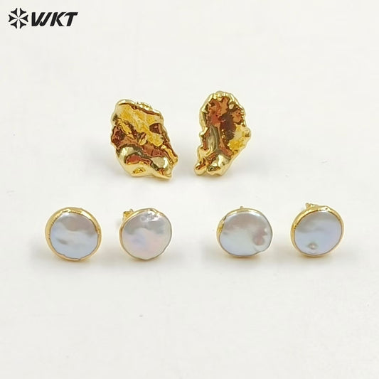 WT-MPE104 Latest Style Irregular Pearl Natural 18k Gold Plated Gift Weeding 10mm Romantic Pendant Earrings