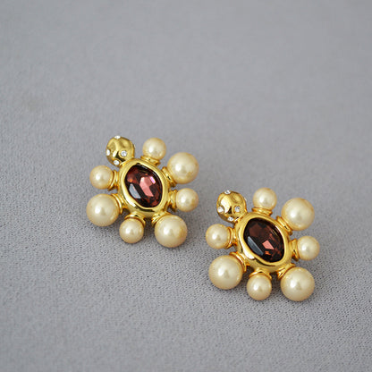 WT-MPE112 European and American Retro Exaggerated Baroque Turtle Shape Inlaid with Pearl Flowers 925 Silver Needle Earrings