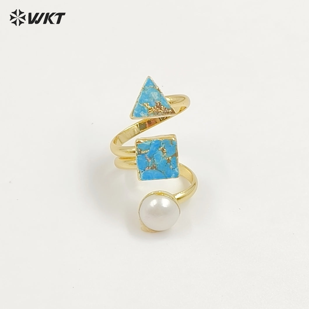 WT-R437 WKT Exclusive 18k Real Gold Plated Resist Tarnishale Copper Turquoise Stone Ring Women Adjustable Triple Natural Ring