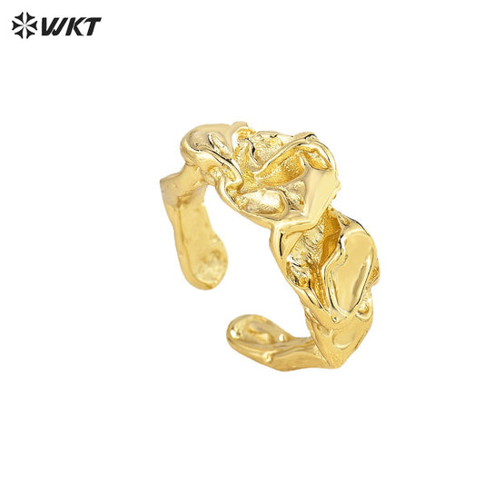 WT-R493 Fashion 18k Real Gold Plated Hammer Pattern Design Jewelry Ring for Women Gift Lava Veins Rings