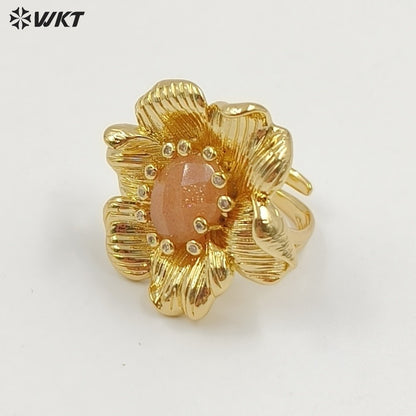 WT-R583 Exquisite Gold Electroplated Zircon And Natural Gemstones Flower Shape Rings For Female Dance Party Jewelry Matching