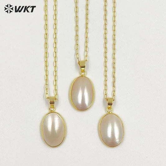 WT-JN384 Wholesale Simple Style Gold Electroplated Oval Mabe Shell Pendant Necklaces For Women Fashion Jewelry Matching