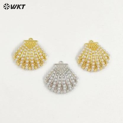 WT-MP313 Fashion Gold And Silver Plated Brass With Artificial Pearl Shell Shape Pendant For Women Jewelry DIY Accessories