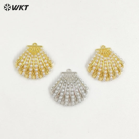 WT-MP313 Fashion Gold And Silver Plated Brass With Artificial Pearl Shell Shape Pendant For Women Jewelry DIY Accessories