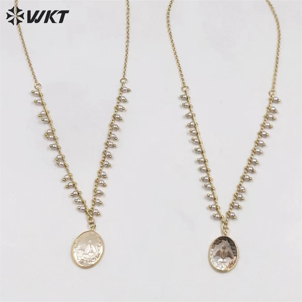 WT-JN172 WKT Wholesale Classic Oval White Shell Pendant Necklace Gold Electroplated with Mini Pearl Chain Religious Necklace