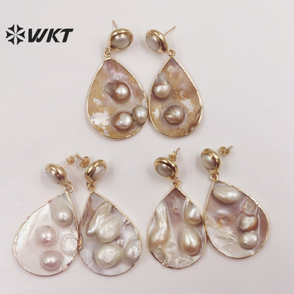 WT-MPE072 Water Drop Shell Earrings European and American Style Fashion Charming 18k Gold-plated Earrings Natural Pearl Earrings