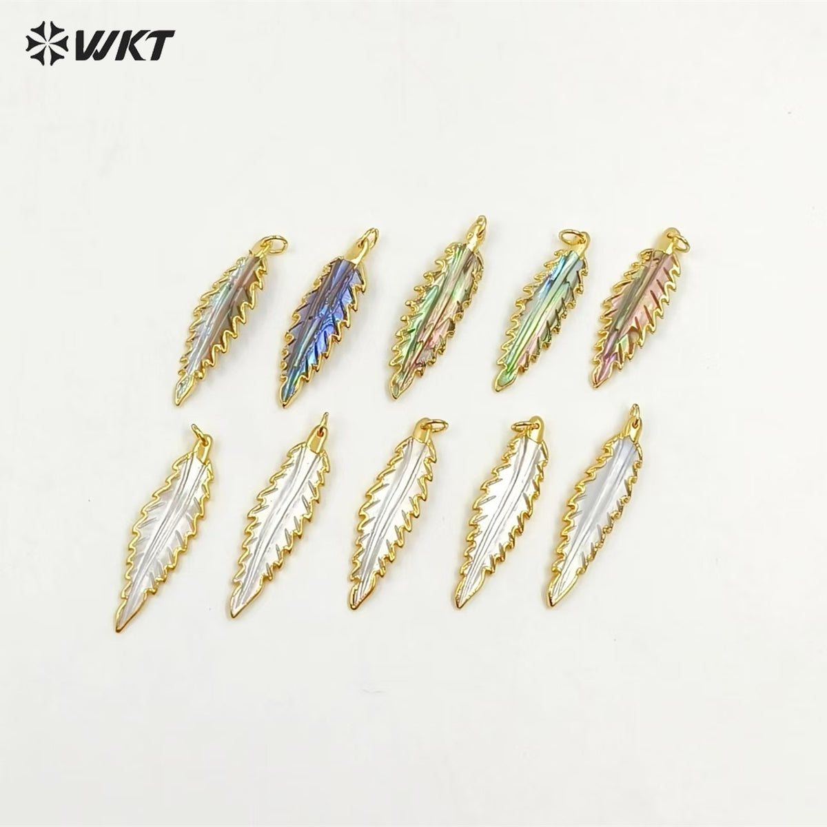 WT-P1090 Fashion Design Carved Feather Shell Pendant,High Quality Gold Plated Edge Long Feather Shell Pendant