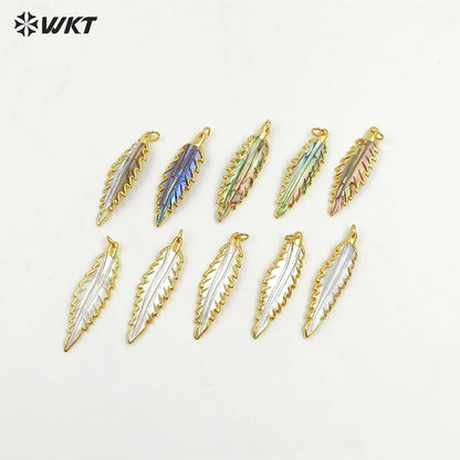 WT-P1090 Fashion Design Carved Feather Shell Pendant,High Quality Gold Plated Edge Long Feather Shell Pendant