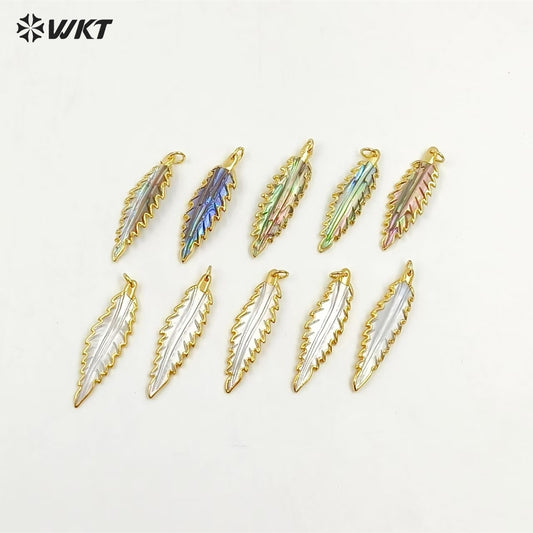 WT-P1090 Fashion Design Carved Feather Shell Pendant,High Quality Gold Plated Edge Long Feather Shell Pendant