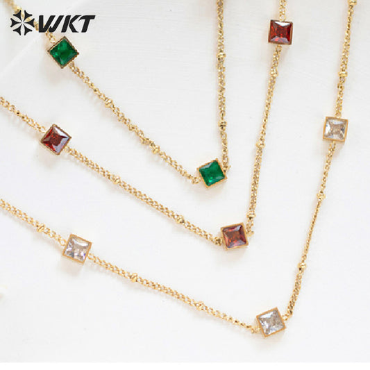 WT-REN035 French Elegant Necklace Square Combination Link Fine Versatile Color Zirconium Pendant Stainless Steel Necklace