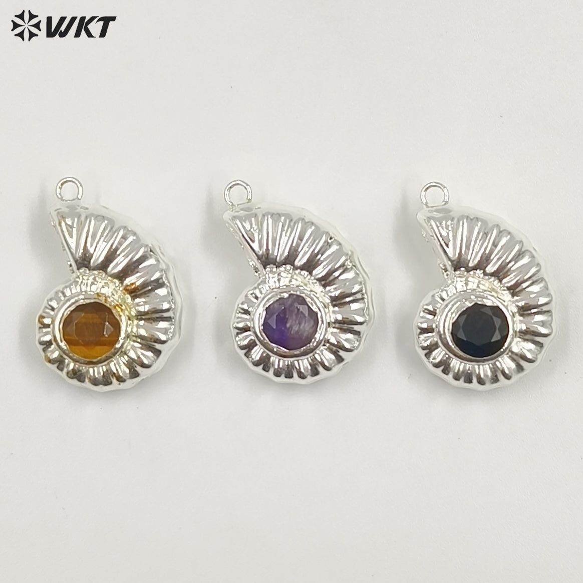 WT-P2056 High Quality Lovely Gold Silver Plated Metal With Natural Gemstones Shell Shape Pendants For Handmade Necklace DIY