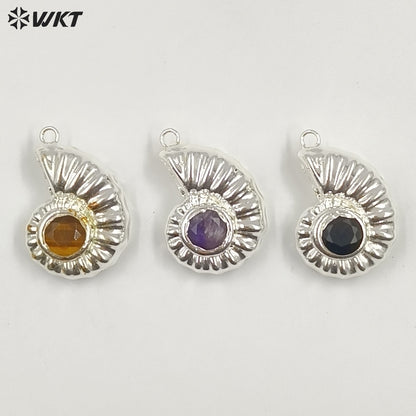 WT-P2056 High Quality Lovely Gold Silver Plated Metal With Natural Gemstones Shell Shape Pendants For Handmade Necklace DIY