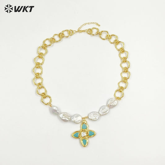 WT-JN324 Amazing Popular Christian High Precious Freshwater Pearl and Cross Turquoise Pendant Necklace with Chunky Chain