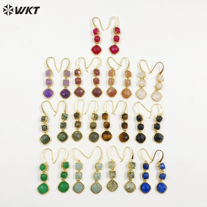 WT-E734 Elegant Colorful Gemstone Wire Wrapped Long Charming in Drop Earrings Women Triple Pendant Earrings