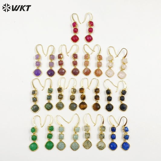 WT-E734 Elegant Colorful Gemstone Wire Wrapped Long Charming in Drop Earrings Women Triple Pendant Earrings