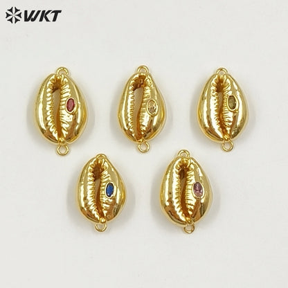WT-P2131 Popular Fashion Gold Plated Cowrie Shell And Zircon Pendant With Double Hoops As Lady Bracelet Jewelry Accessory