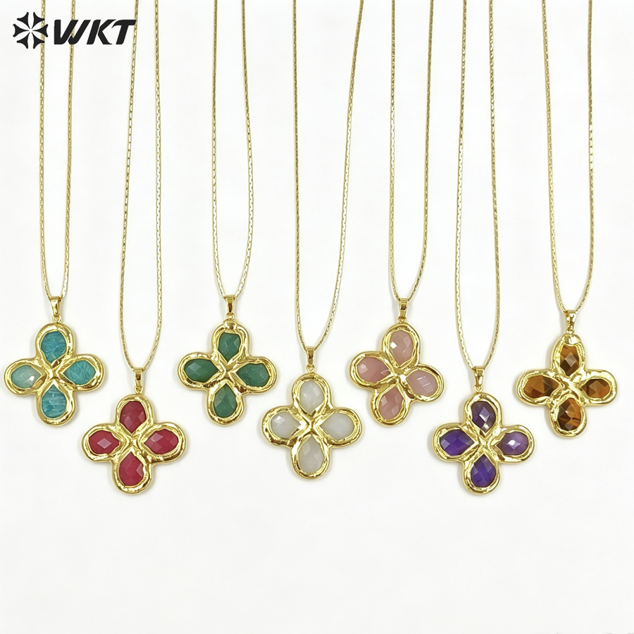 WT-N1542 Popular Fashion Gold Plated Thin Chain With Natural Gemstone Four Leaf Clover Pendant Necklace For Lady Birthday Gift