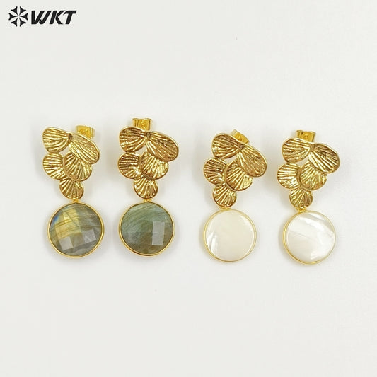 WT-E791 Graceful Cute Gold Electroplated Natural Labradorite And Shell Pendant Grape Shape Earrings For Ladies Engagement Gift