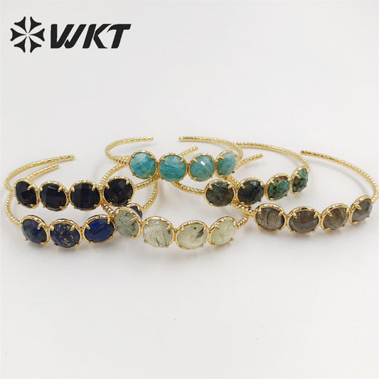 WT-B612 WKT New Gorgeous Prong Setting Round Precious Stone Bangle in Open Size 18k Real Gold Plated Resist Tarnishable Bangle