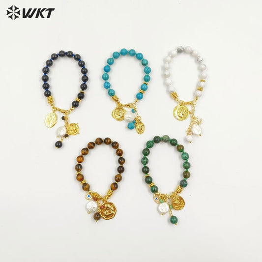 WT-B691 Wholesale Customize Religious 18K Gold Plated Round Buddha Beads Natural Gemstone Unisexual Bracelet As Daily Decoration