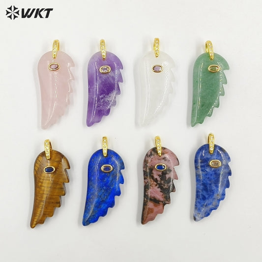WT-P2061 Amazing Vaious Natural Gemstones And Zircon Carve Feather Shape Pendants As Female Cute Earrings DIY Accessory