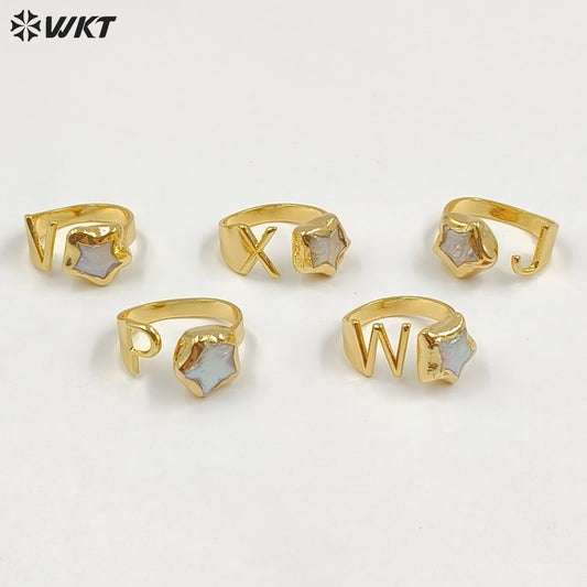 WT-MPR158 Newest Unique Design Gold Electroplated Natural Freshwater Pearl Letter And Star Shape Rings For Women Daily Matching