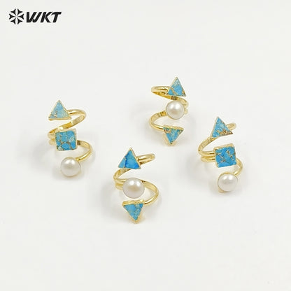 WT-R437 WKT Exclusive 18k Real Gold Plated Resist Tarnishale Copper Turquoise Stone Ring Women Adjustable Triple Natural Ring