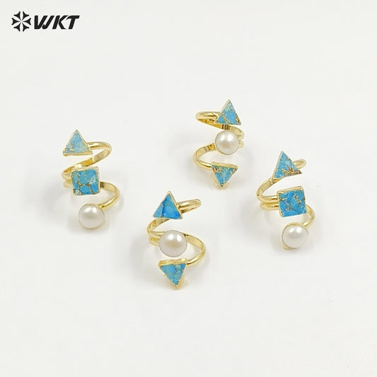 WT-R437 WKT Exclusive 18k Real Gold Plated Resist Tarnishale Copper Turquoise Stone Ring Women Adjustable Triple Natural Ring