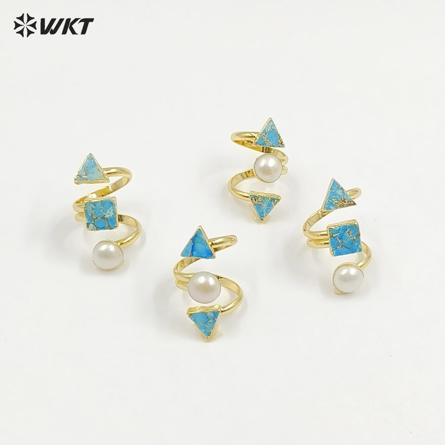 WT-R437 WKT Exclusive 18k Real Gold Plated Resist Tarnishale Copper Turquoise Stone Ring Women Adjustable Triple Natural Ring