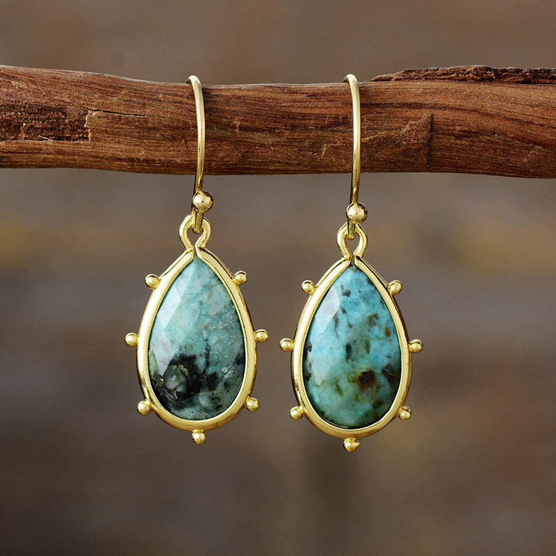WT-E782 Wholesale Ladies Jewelry Gold Plated With Natural Gemstones African Turquoise Stone Earrings Water Drop Shape Design