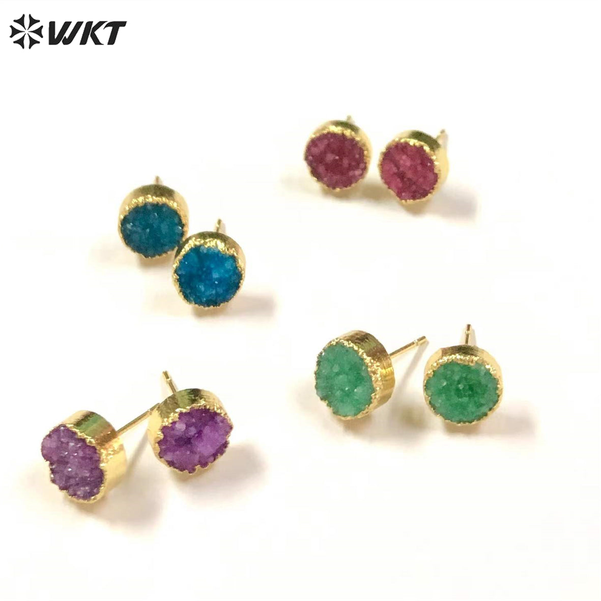WT-E155 Wholesale Fashion 18k Real Gold Plated Natural Stone Studs Earrings Fashion Women Gold Trim Round Druzy Quartz Studs