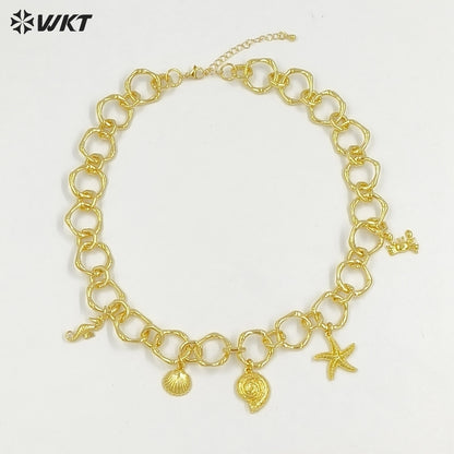 WT-JFN45 Summer Popular Yellow Brass 18K Gold Plated Big Circle Chain With Multi Little Charms Necklace For Cool Girls Jewelry