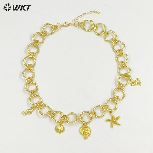WT-JFN45 Summer Popular Yellow Brass 18K Gold Plated Big Circle Chain With Multi Little Charms Necklace For Cool Girls Jewelry