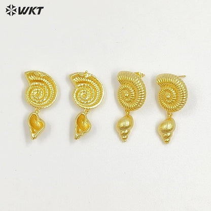 WT-ME127 Top Quality Yellow Brass 18K Gold Plated Double Conches Charms Earrings Ladies Cute Jewelry For Party Wearing