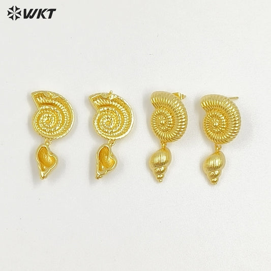 WT-ME127 Top Quality Yellow Brass 18K Gold Plated Double Conches Charms Earrings Ladies Cute Jewelry For Party Wearing