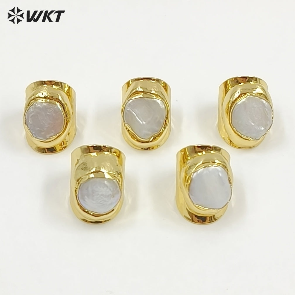 WT-R328 Classic Unique Each One Is Different Shell Jewelry in Gold Plated Adjustable Women's Fine Natural Freshwater Pearl Rings