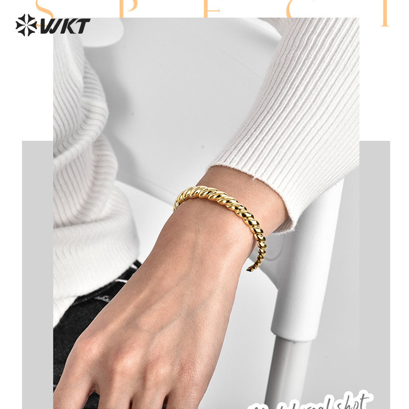 WT-B646 Women Fashion Twisted Design 18K Real Gold Plated Open Size Adjustable Yellow Brass Metal Bangle