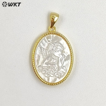 WT-JP464 New Arrival Religious Style Pattern 18 Gold Plated Natural Shell Oval Little Pendants For Women Necklace Making