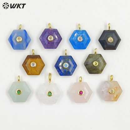 WT-P2060 Popular Trendy Round Zircon And Various Natural Gemstones Geometric Hexagon Pendants For Lady Necklace Handmade Jewelry