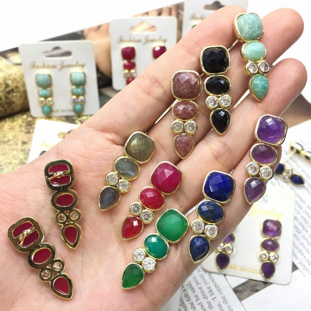 WT-E812 Newest Fashion Design Gold Plated Zircons And Three Natural Gemstones Drop Earrings As Lady Elegant Jewelry Gift