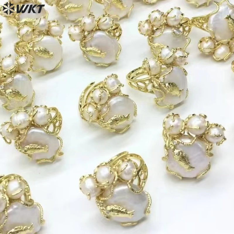 WT-MPR096 New Design 18K Real Gold Plated Resist Tarnishable Natural Freshwater Pearl Claw Setting With Fish Women Ring