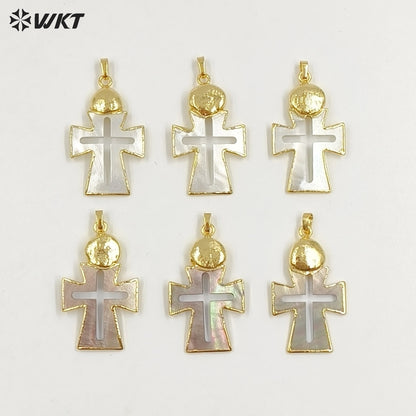 WT-JP422 Wholesale Vintage Style Natural Shell Gold Plated Cross Shape Middle Hollow Pendant For Unique Necklace Handmade
