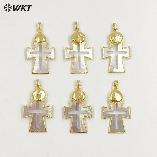 WT-JP422 Wholesale Vintage Style Natural Shell Gold Plated Cross Shape Middle Hollow Pendant For Unique Necklace Handmade