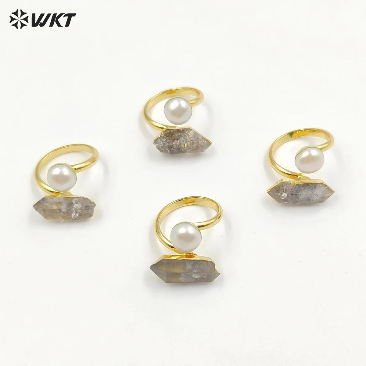WT-MPR065 Gorgeous Energy Crystal Helkimon Sparkle Diamond Quartz Stone Ring With Pearl for Women Lucky Unique Design