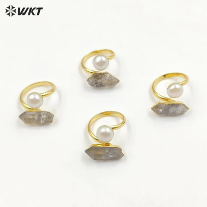 WT-MPR065 Gorgeous Energy Crystal Helkimon Sparkle Diamond Quartz Stone Ring With Pearl for Women Lucky Unique Design