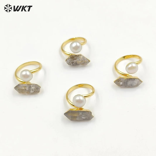 WT-MPR065 Gorgeous Energy Crystal Helkimon Sparkle Diamond Quartz Stone Ring With Pearl for Women Lucky Unique Design