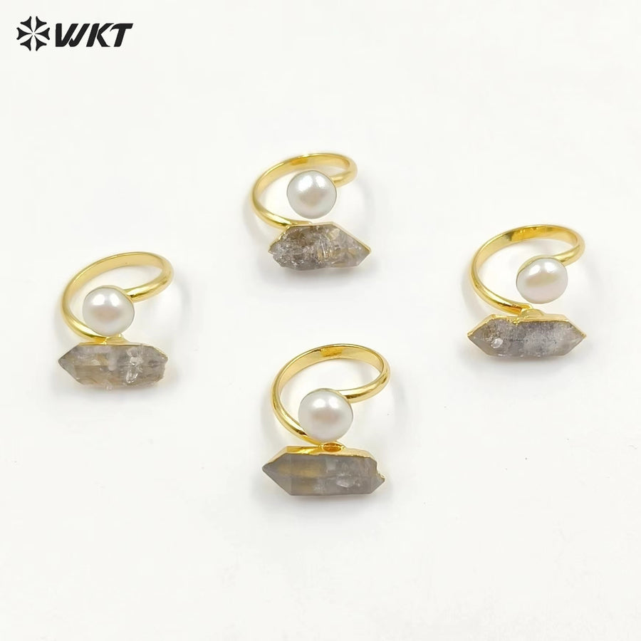WT-MPR065 Gorgeous Energy Crystal Helkimon Sparkle Diamond Quartz Stone Ring With Pearl for Women Lucky Unique Design